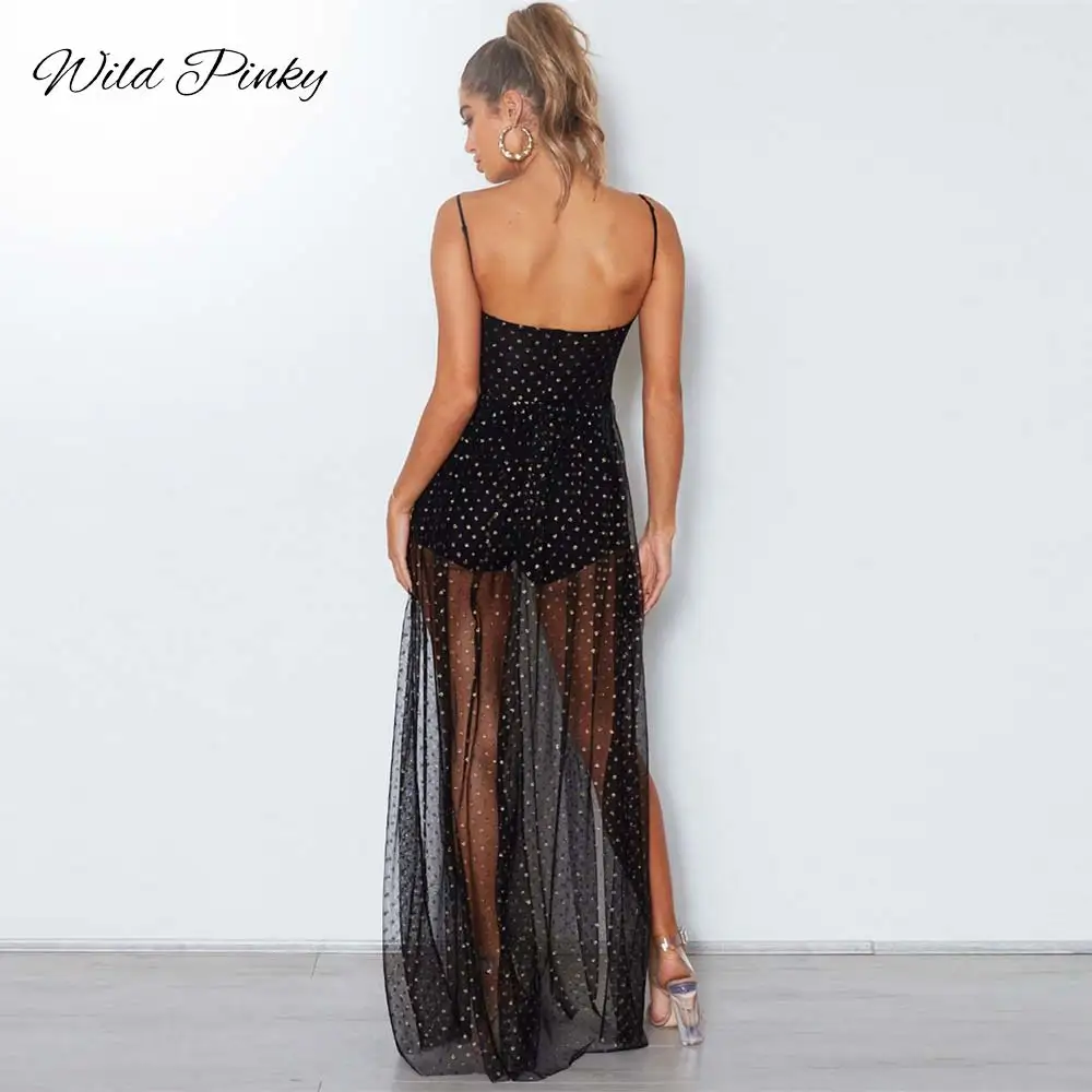 Женское винтажное Сетчатое платье макси в горошек с открытой спиной Пляжное