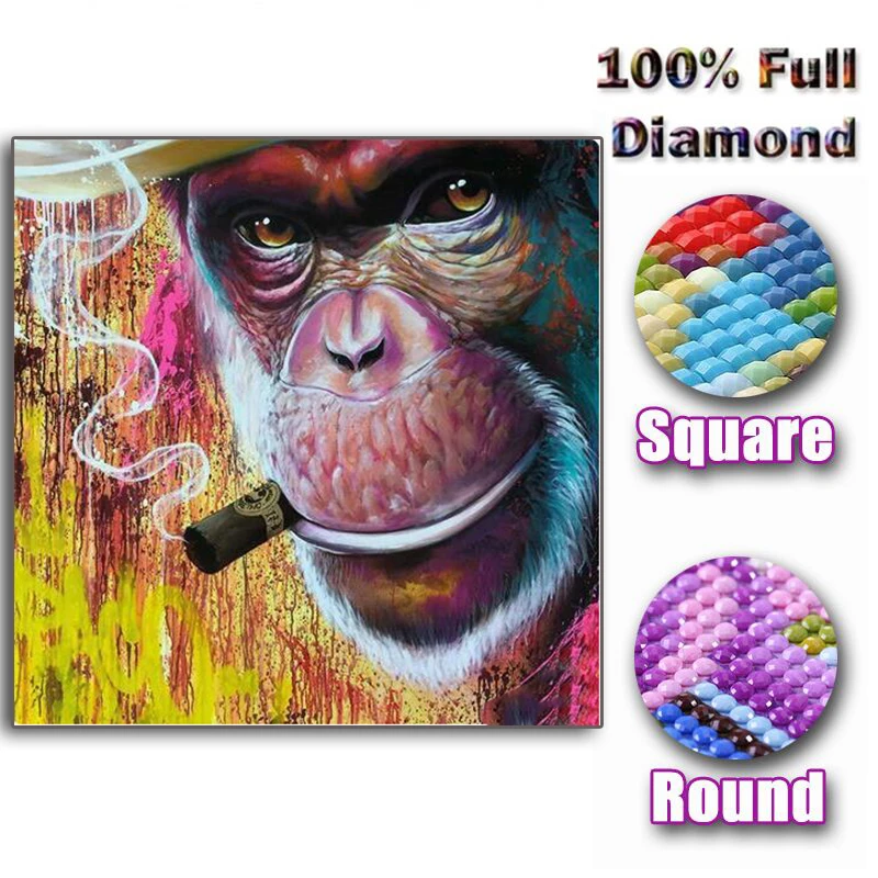 

5D DIY Diamond Painting Full Square/Round Drill "Color monkey Smoking" 3D Embroidery Cross Stitch Mosaic Home Decor gift