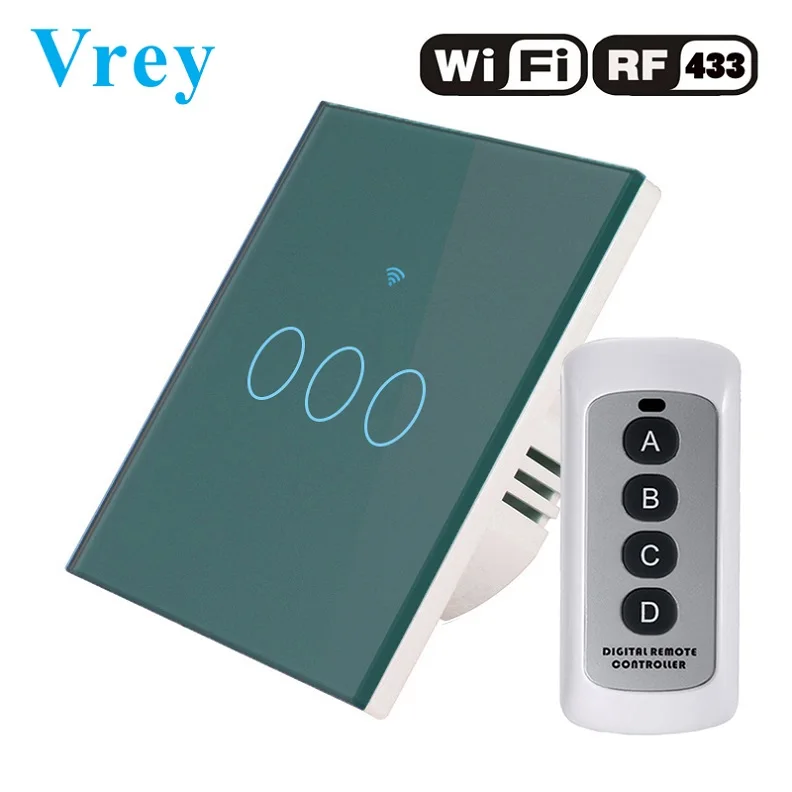 Сенсорный выключатель Vrey, умный светильник, настенный выключатель, wifi светильник, стандарт ЕС, работает с Alexa Google Home, 1way 3 банды - Цвет: VR-WIFI-03D Green