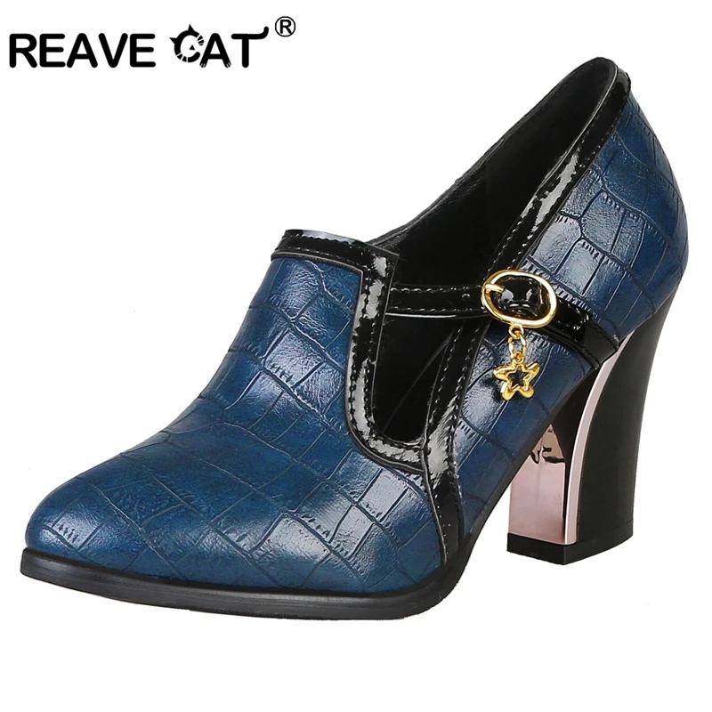 

REAVE CAT Shoes woman High heel Women's pumps Hoof heel Round toe Buckle Metal decoration Crocodile pattern Big size 31-48 A1912