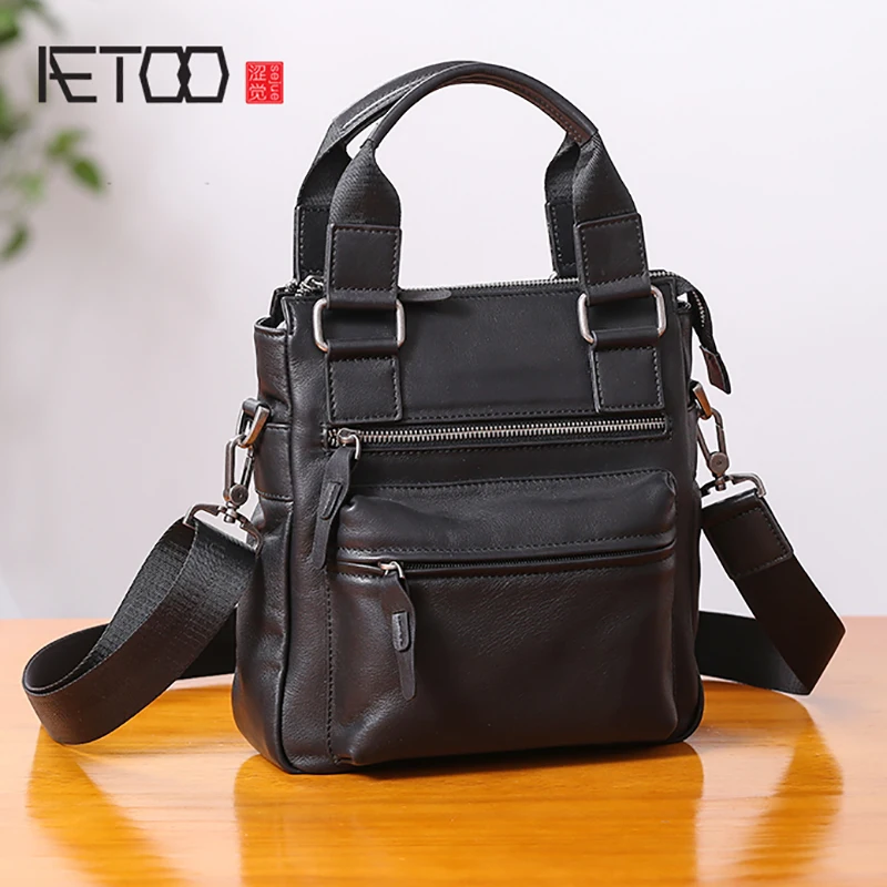 AETOO Handbag men's leather vertical business leisure single shoulder oblique cross Baotou layer cowhide men's bag