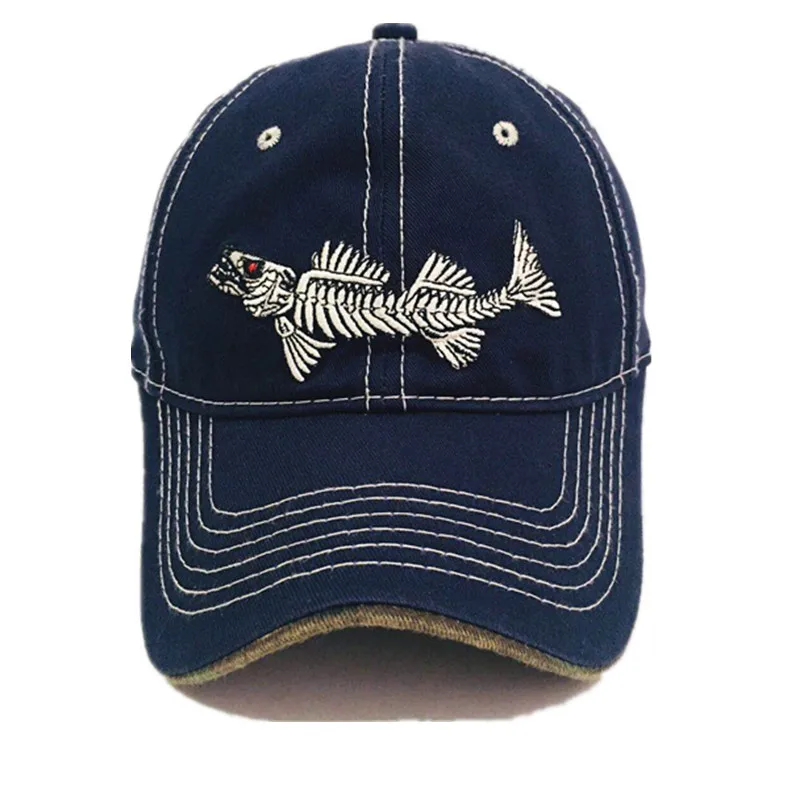 navy blue Мужская и Женская бейсбольная Кепка с вышивкой рыбьей кости, промытый хлопок, регулируемый изогнутый край Кепка рыбака, высококачественные повседневные бейсболки - Цвет: navy blue
