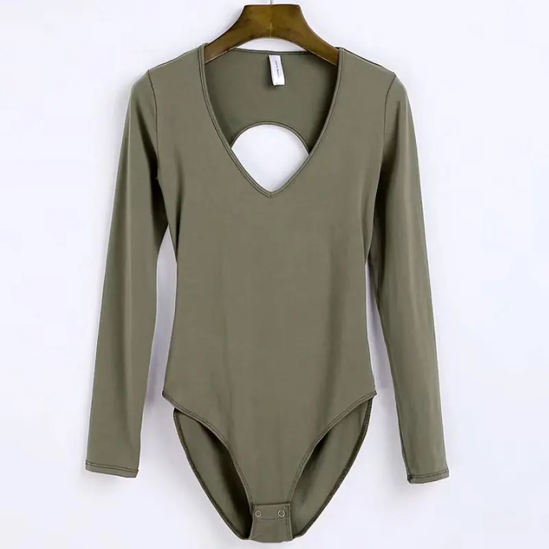 Army Green Сексуальное открытое Женское боди с вырезом на спине черное боди с длинным рукавом с v-образным вырезом праздничная одежда женские комбинезоны г. женский комбинезон - Цвет: Army Green