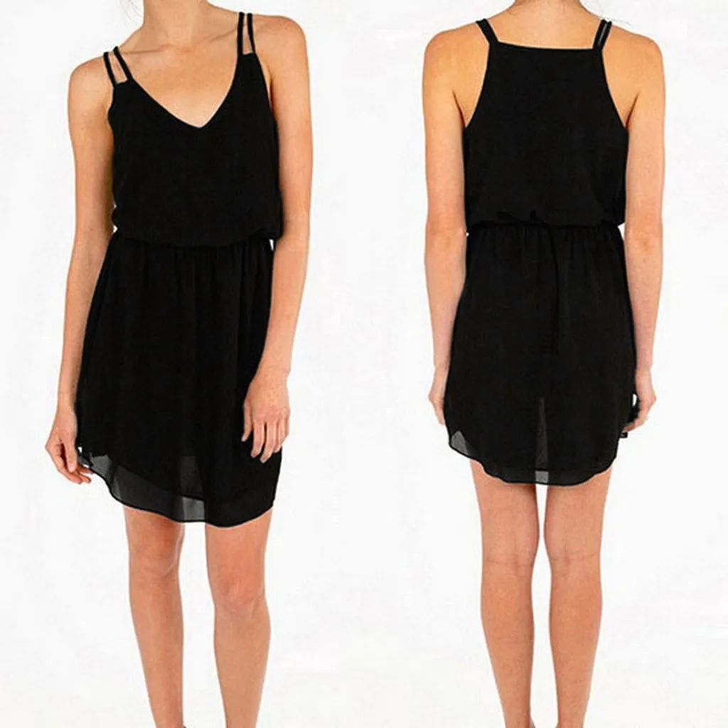 Летнее шифоновое платье Feitong женское летнее платье-мини без рукавов черное