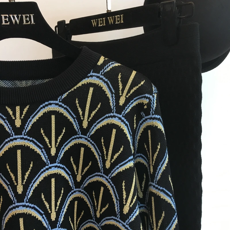 ALPHALMODA осень-зима с рисунком вязаный свитер+ юбка русалки женский комплект одежды из 2 предметов OL Повседневный вязаный костюм с юбкой