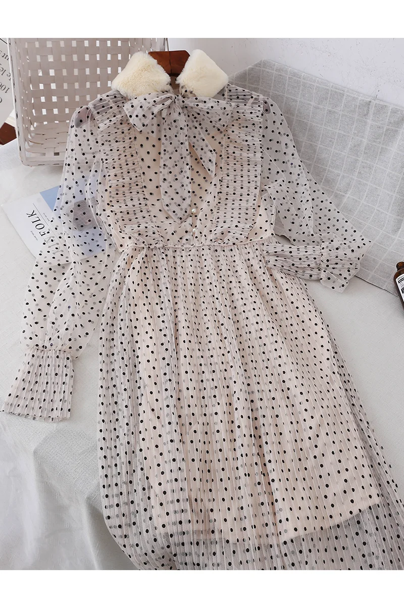 Новинка 2018 модные женские платья осенне зимнее Прозрачное платье в горошек с