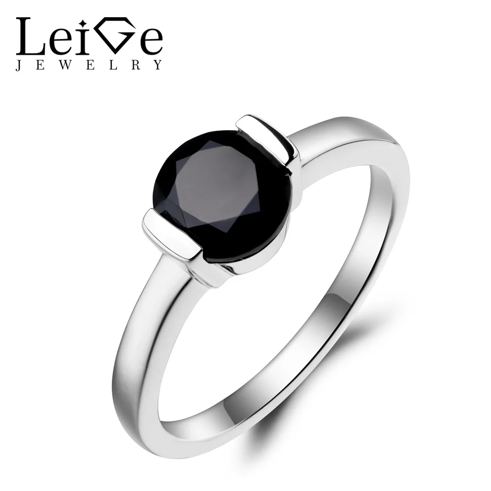 

Leige Jewelry Natural Black Spinel Ring Anniversary Ring Round Cut Black Gemstone 925 Sterling Silver Bezel Setting Ring for Her