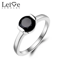 Leige Jewelry Natural Black Spinel Ring Anniversary Ring Round Cut Black Gemstone 925 Sterling Silver Bezel Setting Ring for Her