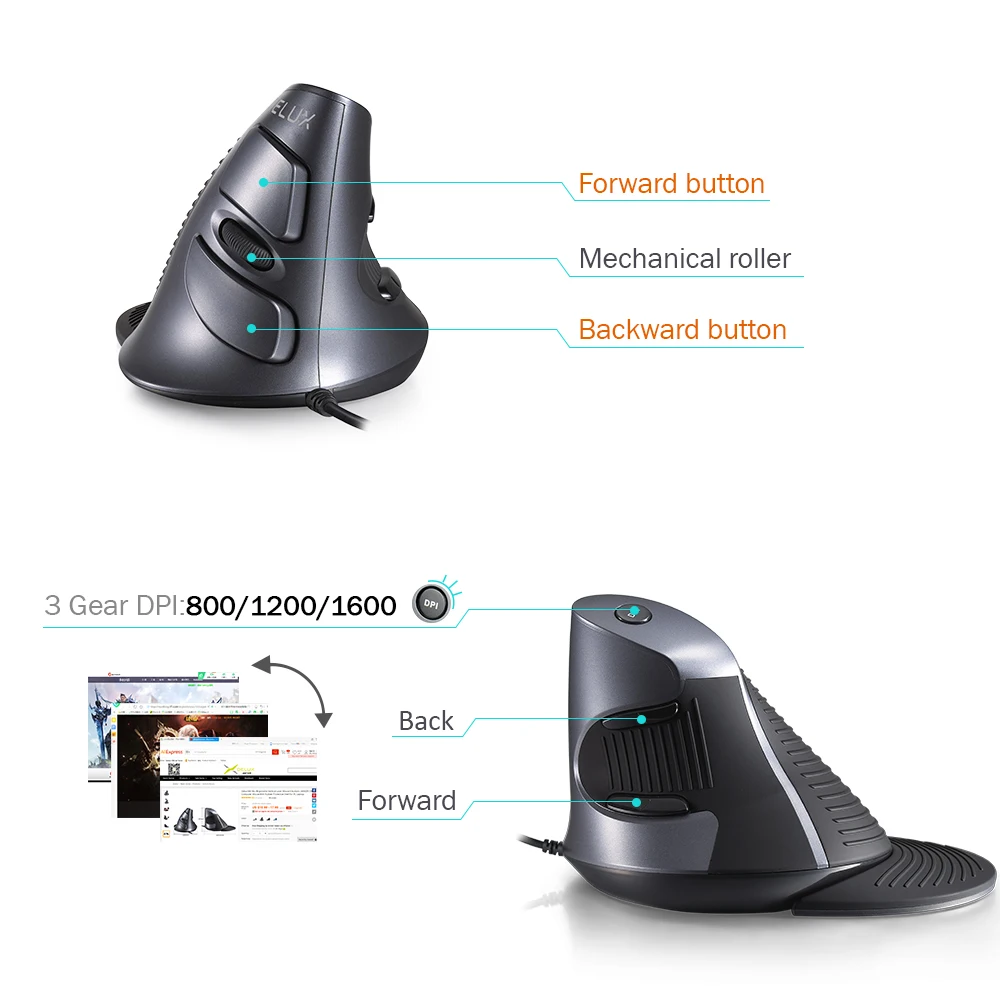 Мышь Вертикальная оптическая Delux M618 6 кнопок 1600 DPI|vertical mouse|mouse buttons6 buttons |