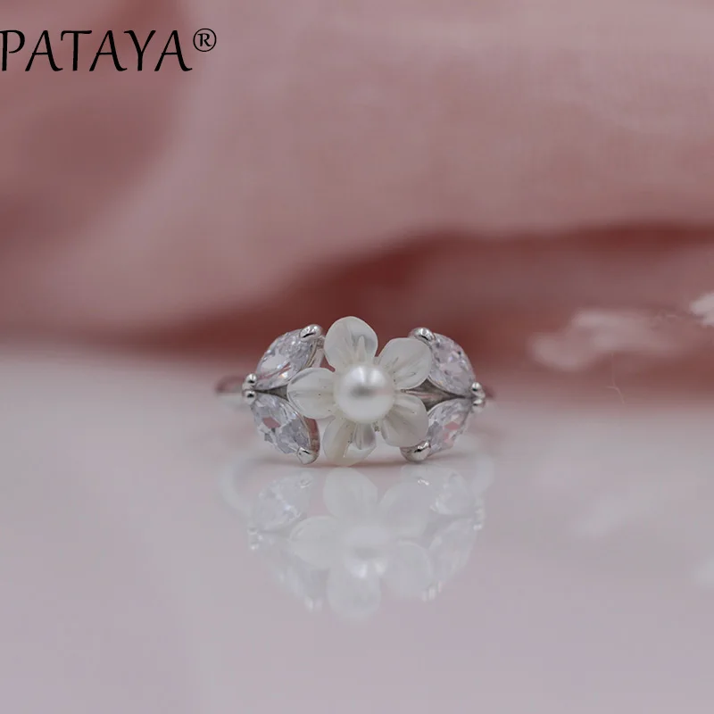 PATAYA, новинка, ограниченная серия, уникальные женские свадебные украшения, Настоящее Белое золото, в форме цветка, ракушка, жемчуг, природный Цирконий, изысканные кольца