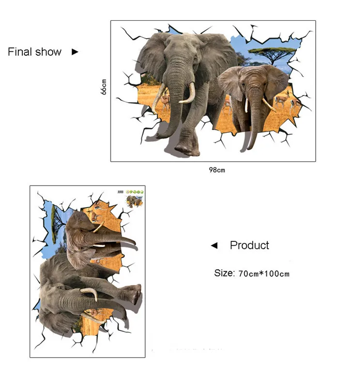Наклейка большого размера с изображением слонов 3D эффектом на стену спальни