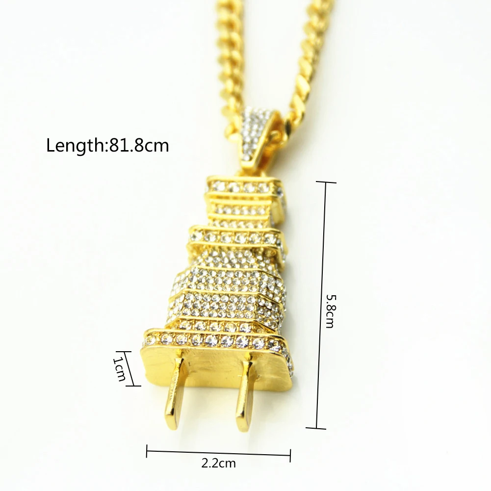 Iced Out Bling Plug Pendant Necklace Gold Silver Color Charm Micro Pave Full Rhinestone Hip Hop Jewelry | Украшения и аксессуары