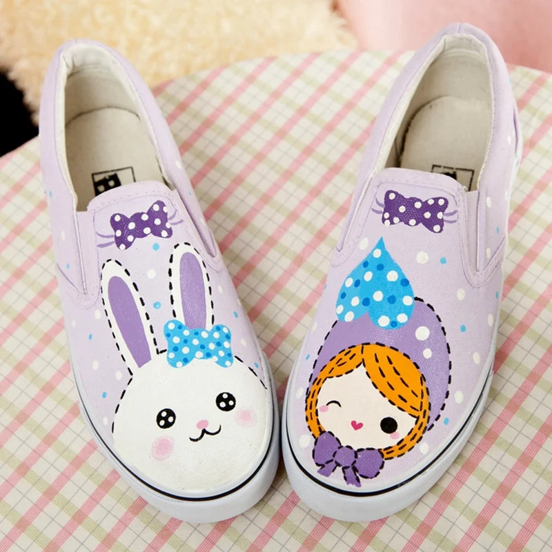 E-LOV; Kawaii; ручная роспись; Повседневная парусиновая обувь на плоской подошве для девочек; Низкие лоферы с рисунками животных и граффити; женская обувь без застежки; Zapatos De Mujer