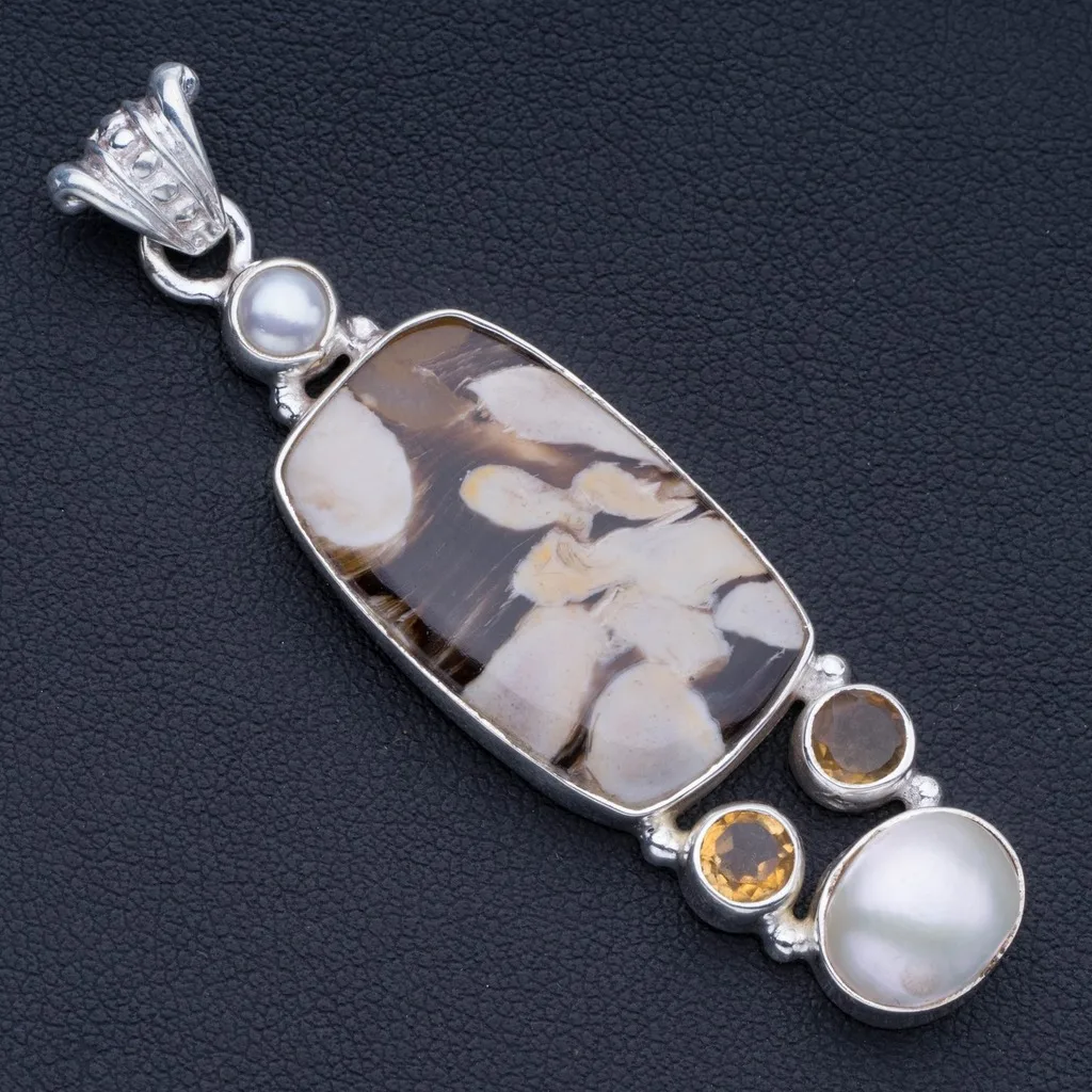 Natural Penut Wood Jasper,Citrine and River Pearl 925 Sterling Silver Pendant 2 1/4" P0990