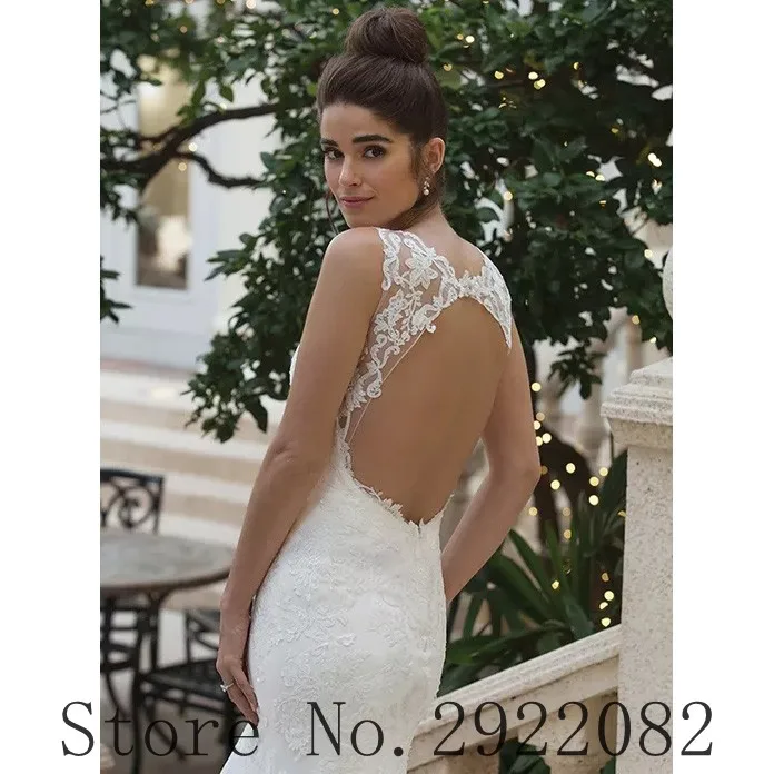 Свадебное платье русалки, кружевное, с круглым вырезом, Boho, свадебное платье без рукавов, открытая спина, аппликация, свадебные платья, vestido novia
