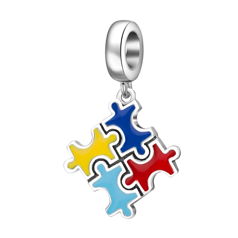 Enamel Puzzle Piece Choruslove Autism паззл мотаться Шарм 925 пробы серебро любовь сердце бусы fit Pandora талисманы DIY браслет ювелирных изделий - Цвет: Enamel Puzzle Piece