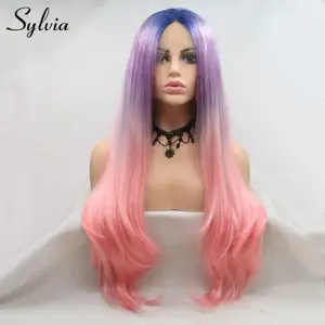 Sylvia Ombre Purple Pink 3Tone Long Body Wave Synthetic Lace Front Wig For Women Heat Resistant Fiber Hair Hand Tied Cosplay Wig