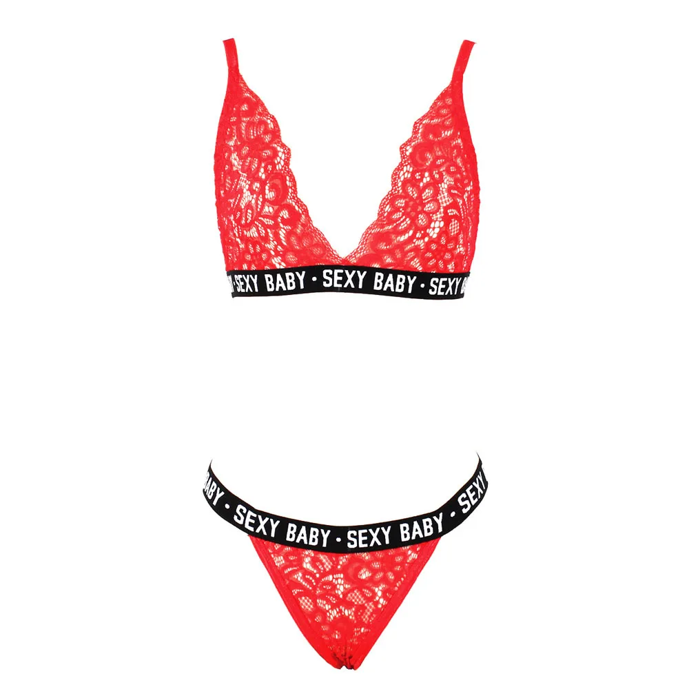 Красный Женский сексуальный кружевной Bralette набор белья, бюстгальтер короткий, с буквенным принтом топы и стринги трусики нижнее белье бикини бюстгальтер brasier mujer - Цвет: Красный