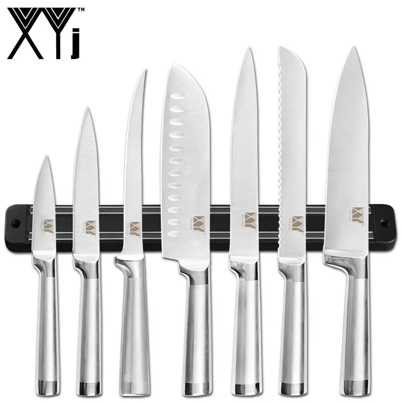 C.8pcs set XYj, 9 шт., набор ножей из нержавеющей стали, точилка, держатель кухонных ножей, шеф-повара, Santoku, обвалки, нарезки хлеба, для очистки овощей, нож - Цвет: C.8pcs set