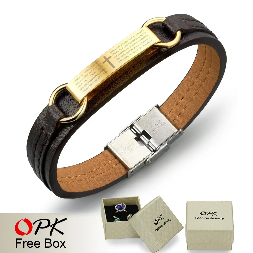 Мужской браслет OPK из искусственной кожи классический золотой нержавеющей стали