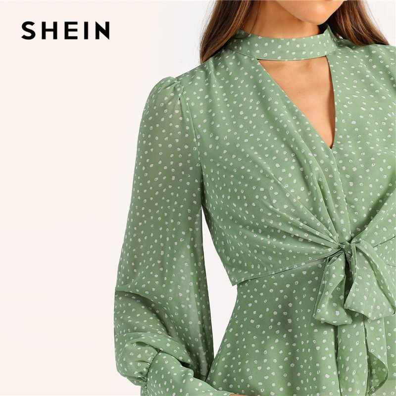 SHEIN зеленый чокер с v-образным вырезом, с узлом спереди, с рукавом Бишоп, топ с баской, блузка женская, элегантная, весенняя, винтажная, для офиса, женские блузки