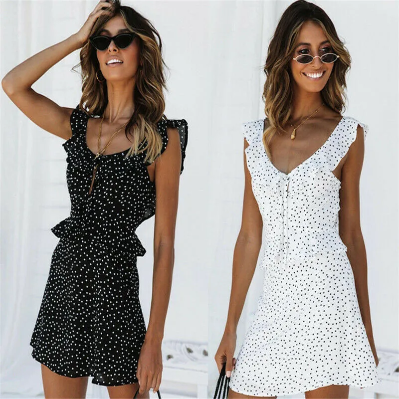 Hot Sale 2019 Women Fashion Summer Ladies Sweet Sleeveless Wrap Polka Dot Mini Dress Casual Sundress New Arrival | Женская одежда