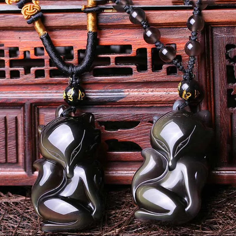 Очаровательный 36x19 мм китайский черный обсидиан ручной резной счастливый лисица