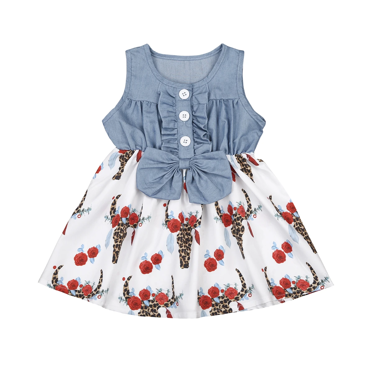 Summer Kid Baby Girl Sleeveless Denim Floral Ruffle Dresses Princess Party Patchwork Dress | Мать и ребенок