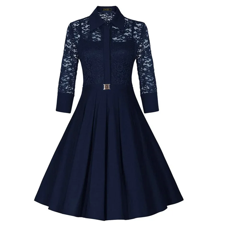 Летнее винтажное Черное и темно синее женское платье с v образным вырезом рукав
