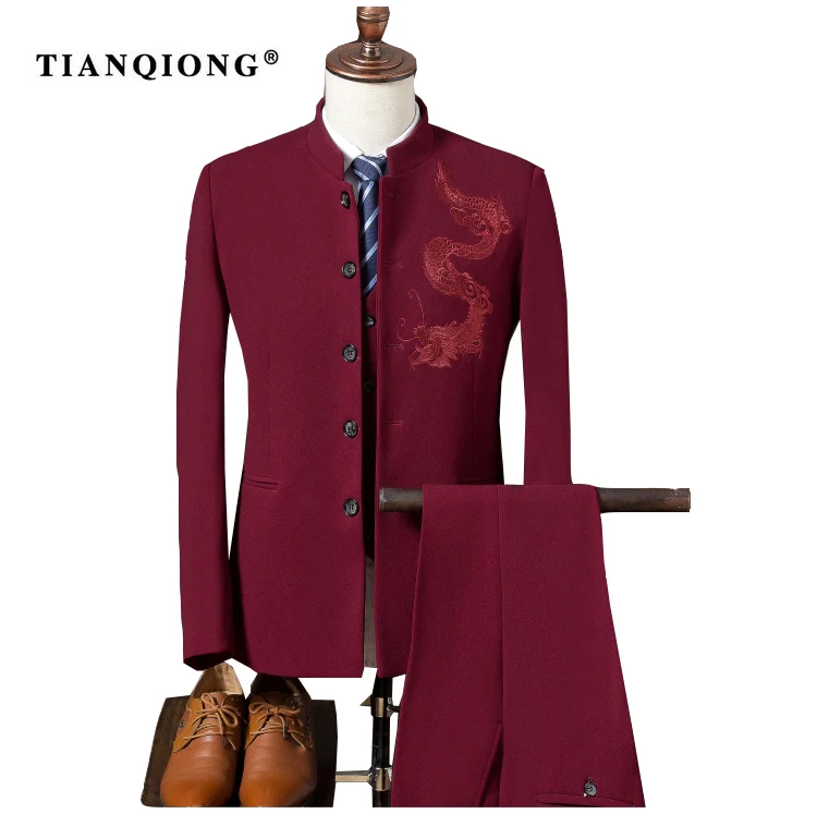 Красный TIAN QIONG, мужские деловые костюмы, штаны, китайская туника, костюм, Новое поступление, традиционный мандарин, с принтом, 3 предмета, куртка, штаны, жилет - Цвет: Красный