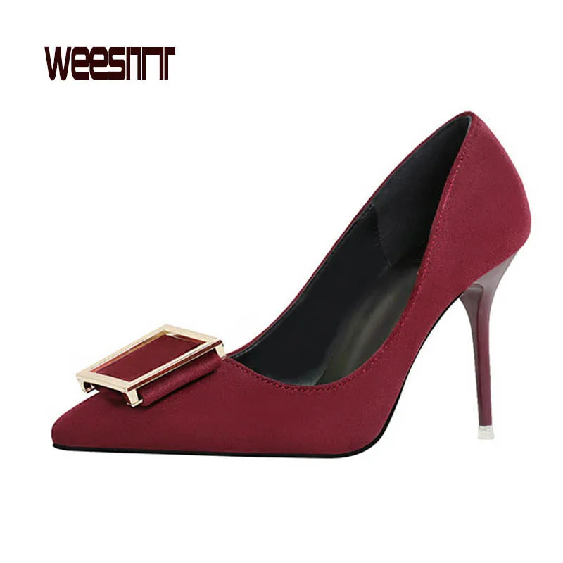 WEESITT 2017 Весна Замши Квадратных Пряжки Металла Сексуальная Ретро Высокой каблуки