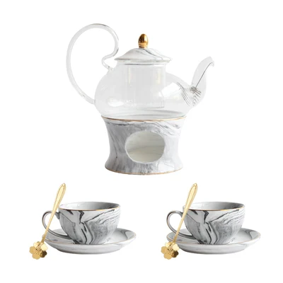 03 Tea Set Креативный стиль мраморная керамика стеклянный цветочный чайник чайная чашка набор послеобеденный цветочный чай набор свеча нагревательная база - Цвет: 03 Tea Set