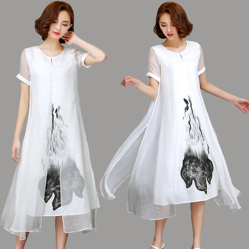 High Quality New Spring Summer Women Work Wear Ink Print Retro Cotton Linen Designs Casual Dresses Slim White | Женская одежда