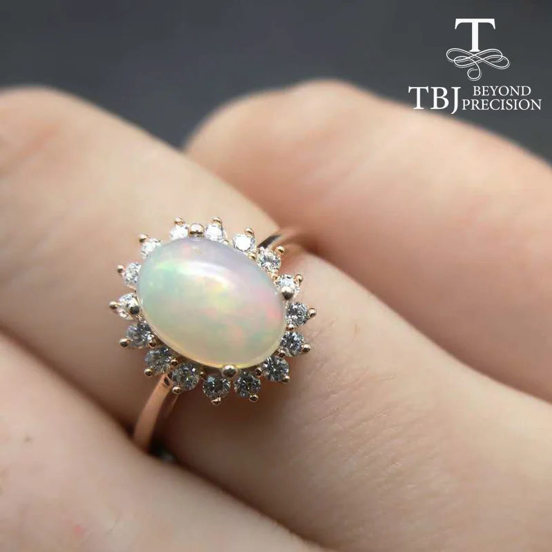 

TBJ,elegant 1.5ct opal lady ring,oval 7*9mm natural ethiopian fire opal classic diana ring in 925 sterling silver gemstone Ring