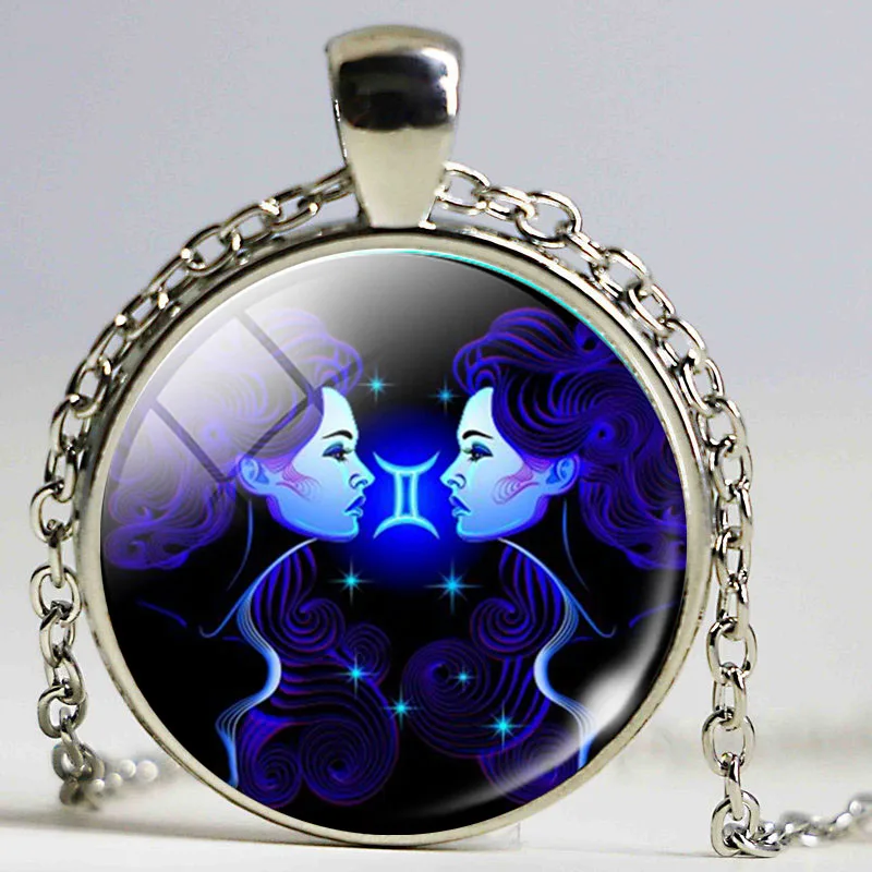 Gemini подвеска Близнецы круглый стеклянный цепочки с серебряным покрытием для