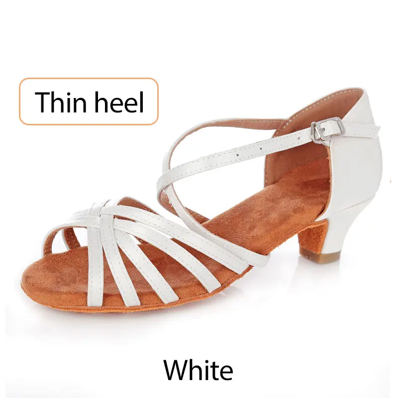 White thin heel Обувь для бальных танцев, латинских танцев для девочек, мягкая подошва, для детей, женщин, профессиональная обувь для танго, сальсы, танцев, низкий каблук 3 см, детские сандалии - Цвет: White thin heel