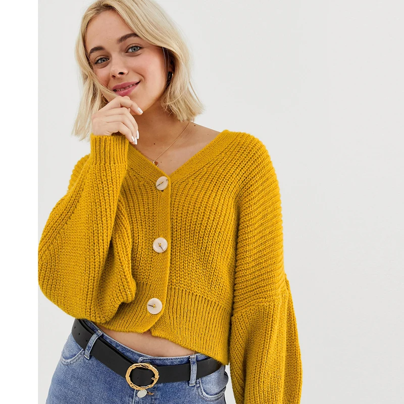 MINSUNDA Yellow Single Breasted Solid Cropped Cardigan Women V Neck Bishop Sleeve Jumper Ladies Oversize Knitted Sweater |