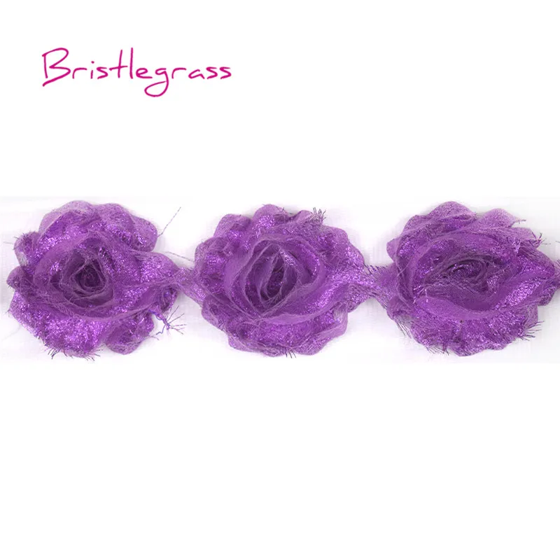 BRISTLEGRASS 1 Ярд 2," 6 см изношенный шифон потертая роза цветок розетка Сетка кружевная отделка повязка для волос галстук для детей свадебное платье для невесты - Цвет: Glitter Purple