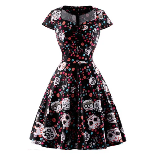 Black Skull Print OTEN лето короткое приталенное платье элегантный Винтаж Красный бальное платье сахара черепа Принт с цветком вечер Одежда Хэллоуин;платье летнее хлопок;women dress 50s лет;женские платья ретро - Цвет: Black Skull Print