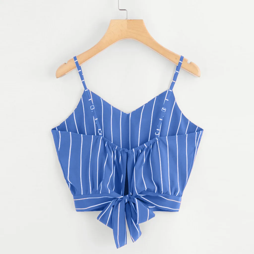 Лето 2019 новинка женские топы с завязками на спине модный топ в полоску v-образным