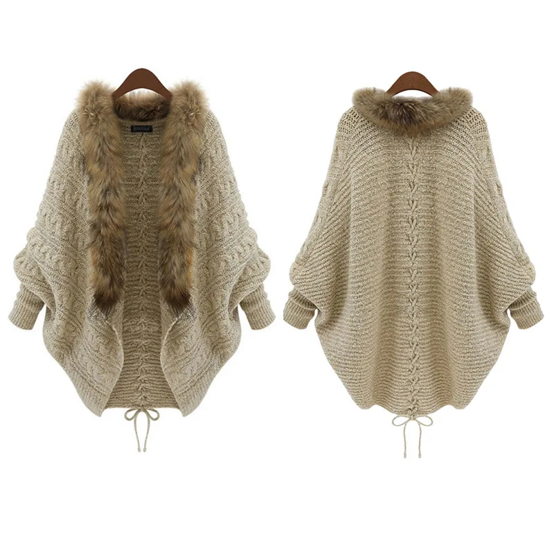 

SWYIVY Women's Loose Wild Color Knit Cardigan Bat Sleeve Fur Collar Coat Women 2019 Autumn And Winter New Sweater Cardigan