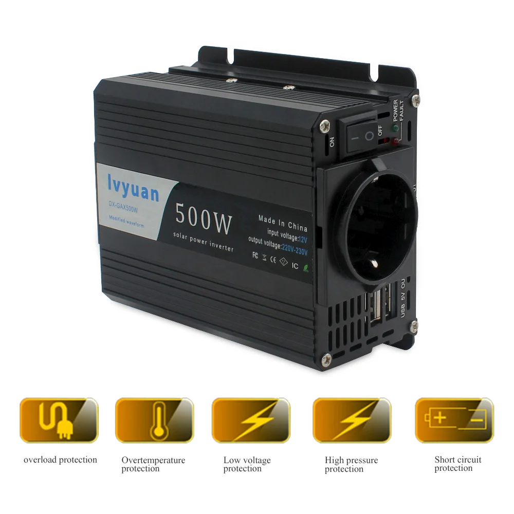 Усилитель мощности инвертор с европейской розеткой USB1000W Peak DC 12V на AC 230V