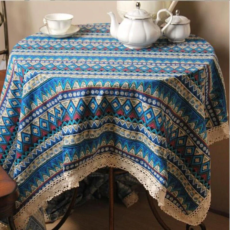 скатерть Винтаж Кружево вышитая Полосатый печати Скатерти синий и красный цвета