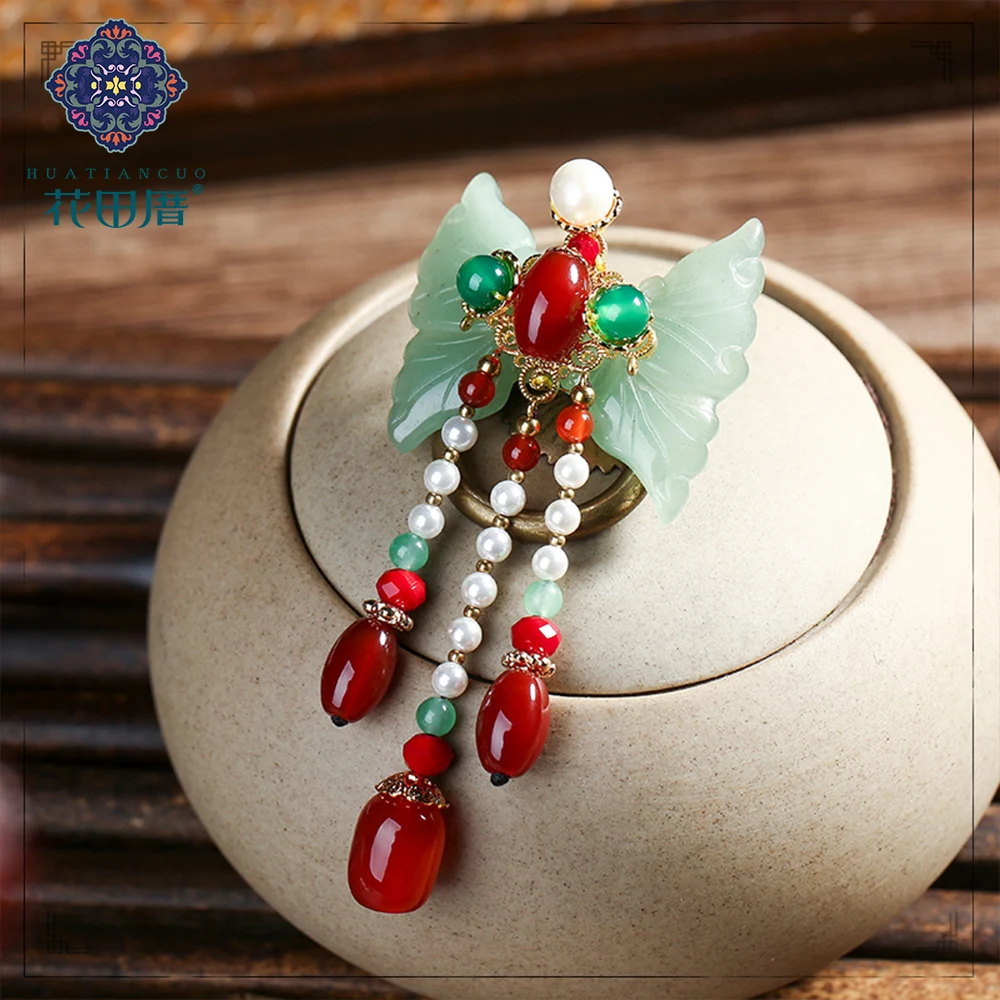 Ethnic Handmade Green Butterfly Tassel Brooch Jad e Pearl Chain Tassel/Dangle XZ-18103 | Украшения и аксессуары