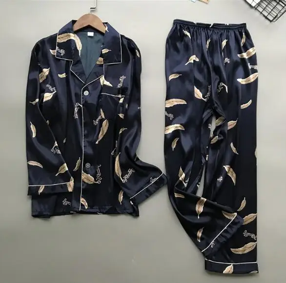 blue1 New brand men pajama set long sleeve silk men's pajamas print casual home clothes male sleepwear pyjama suit pijama hombre - Цвет: blue1
