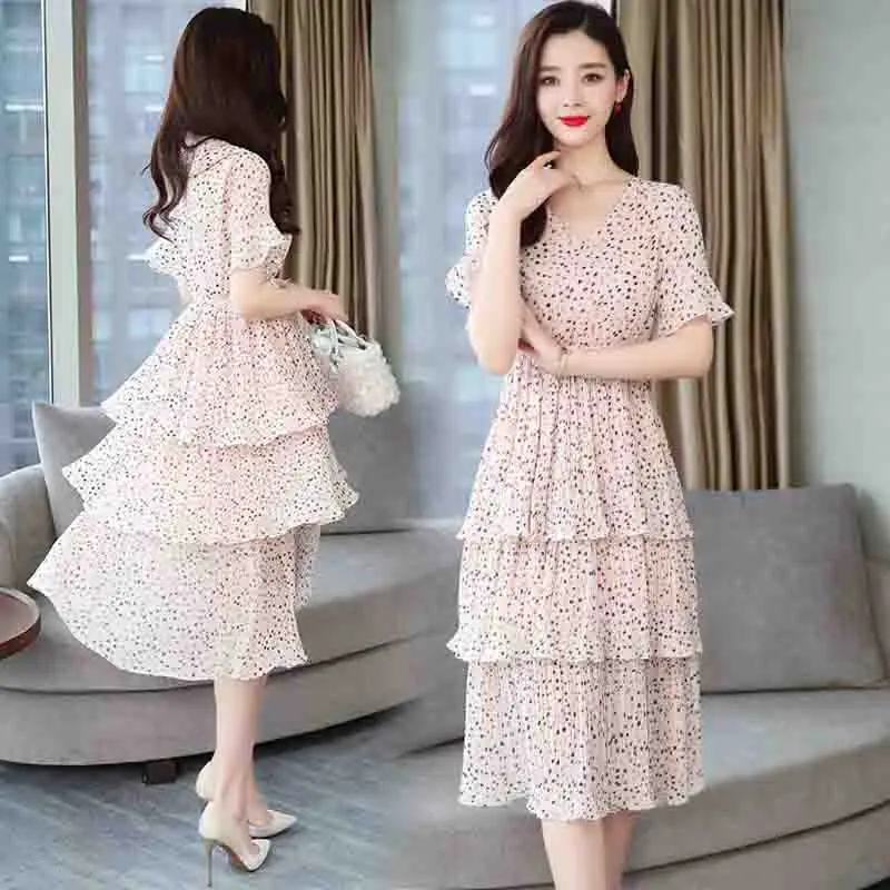 Женское платье 2019 Летняя мода Повседневное горошек печати шифон элегантный