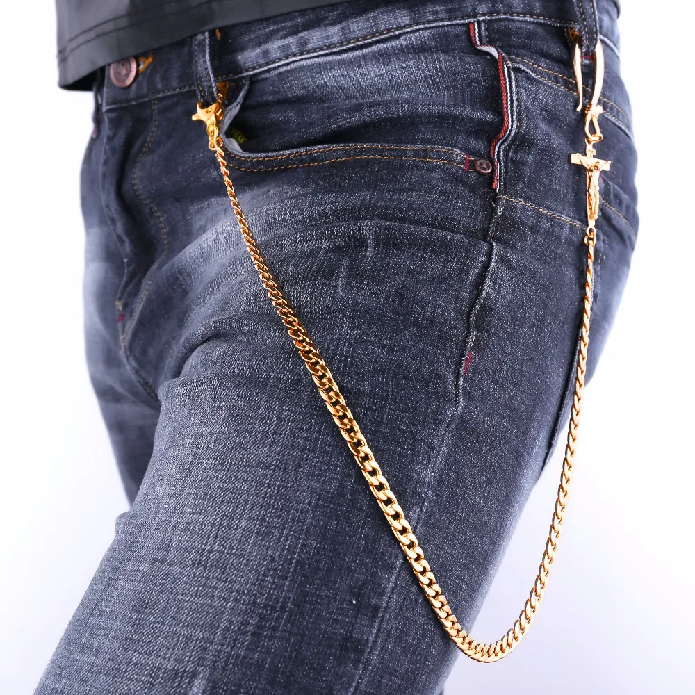 

New Pants Chain Jean Chains With Jesus Piece Cross Charm 64cm Punk Waist White Yellow Gold Color Curb Chain For Men 2017 BC2319