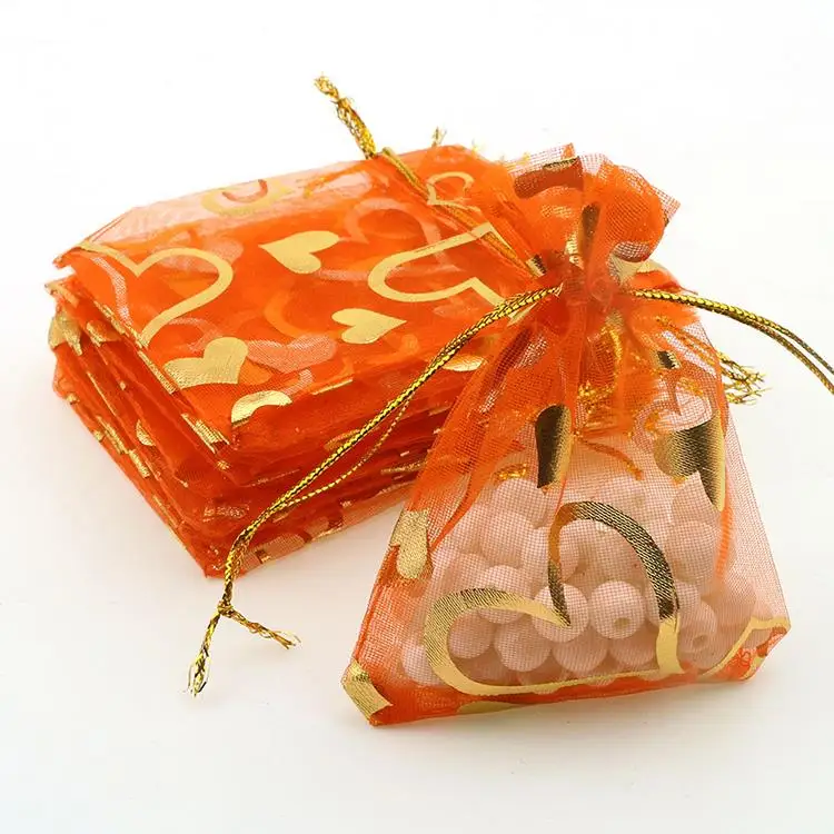 Подарочные пакеты из органзы с бронзовым сердцем дешевые подарочные для