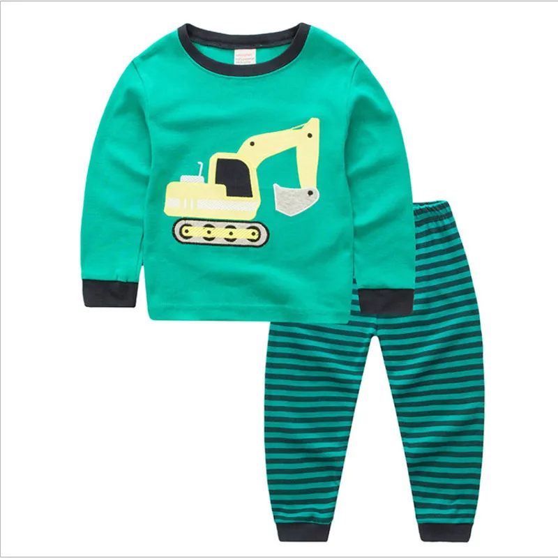 T098 green Весенне-осенняя хлопковая одежда для сна с длинными рукавами для мальчиков детские пижамы с вилочными машинами, детские пижамы для маленьких девочек одежда для маленьких мальчиков - Цвет: T098 green