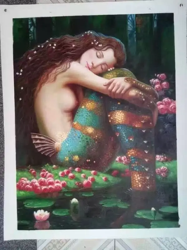 

100% hand painted painting fish girl flower lotus pond landscape classical handmade oil painting pure manual oil painting